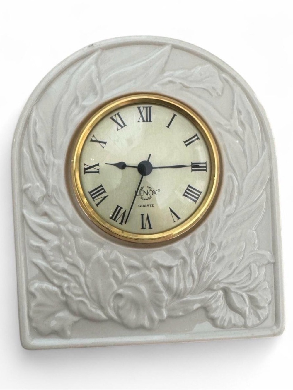 Lenox White Ceramic Floral Relief Mantel Clock with Gold Bezel